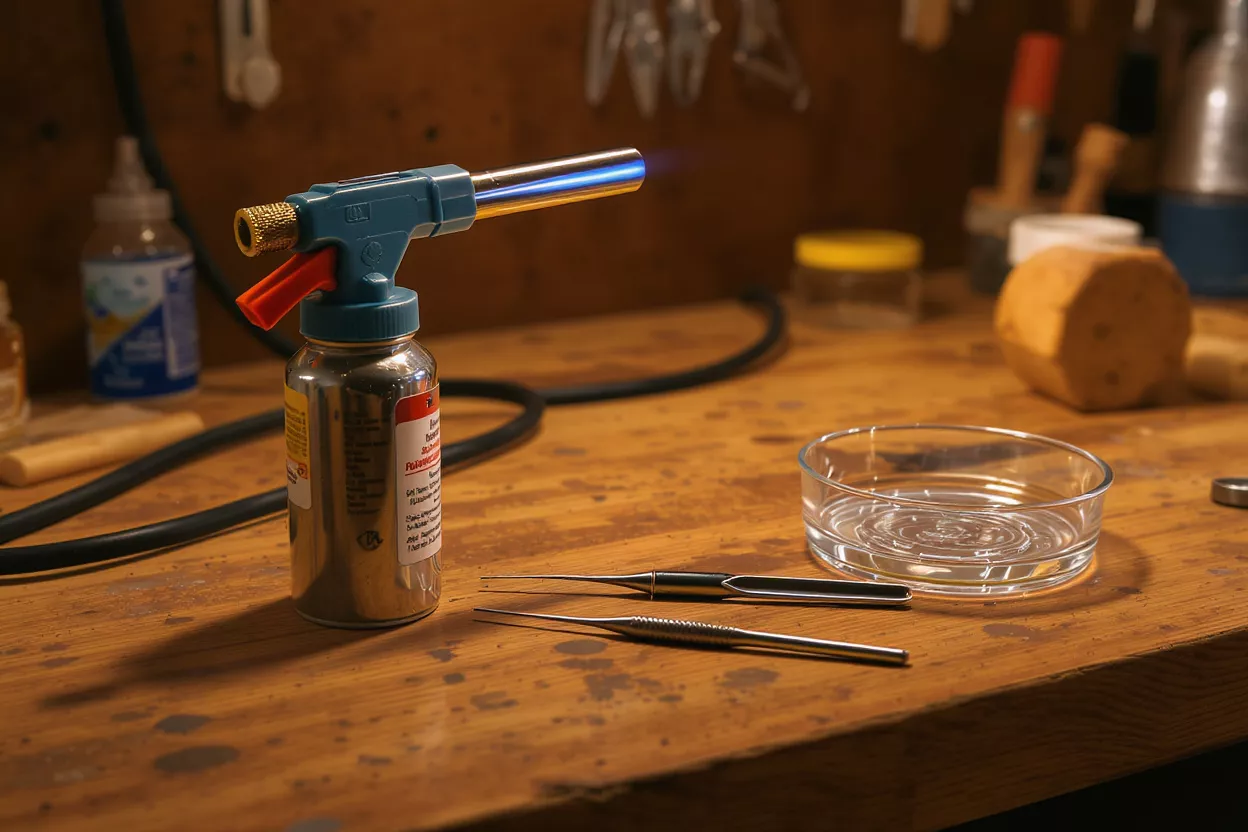 A butane torch with a blue flame, two crafting tools, and a glass dish.