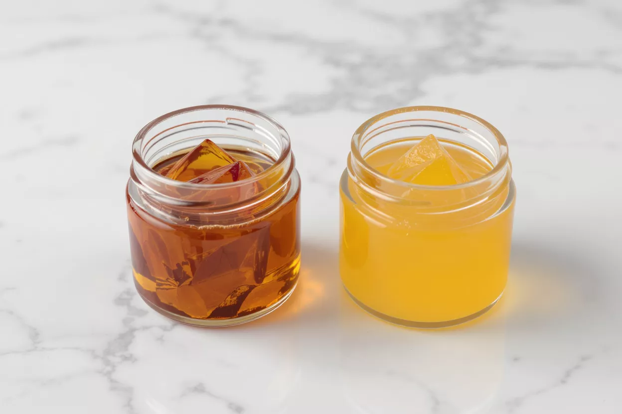 Two small glass jars with brown and yellow jellies on a marble surface.