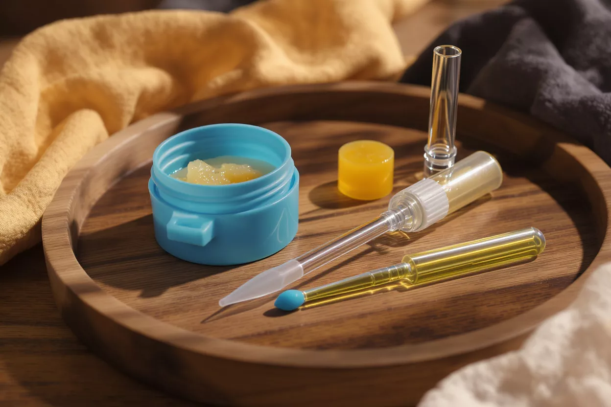Dab tools, concentrate, and accessories on a wooden tray with fabric.