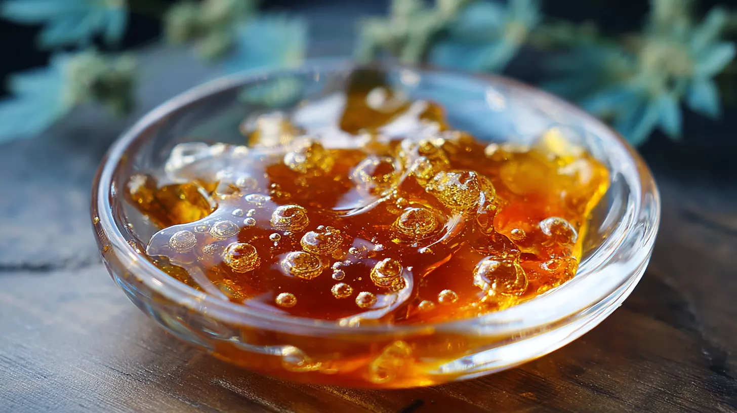 Amber-hued cannabis concentrate in a glass dish on a wooden surface with greenery.