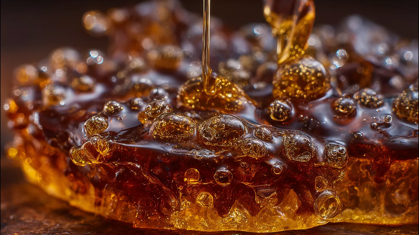 Close-up of glossy, amber syrup with bubbles, capturing texture, sweetness, and light reflections.