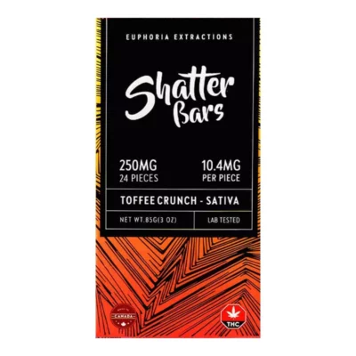 Euphoria Extractions Shatter Bar, 250MG Sativa Toffee Crunch, THC-infused, Canadian-made.