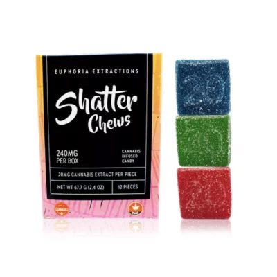 Euphoria Extractions Shatter Chews with 240mg THC, colorful cannabis gummies, Canadian THC symbol.