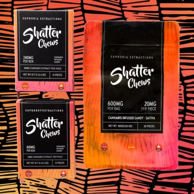 Euphoria Extractions Shatter Chews with varied THC potency, in boxes and resealable bag.