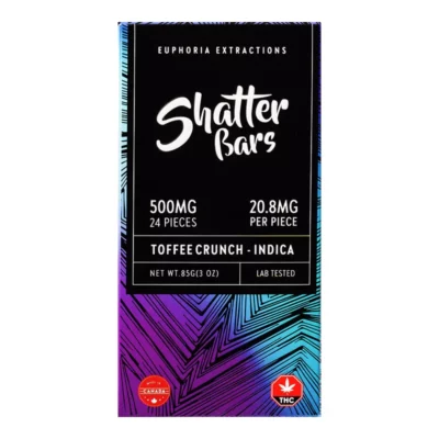 500mg Indica Toffee Crunch Shatter Bars, Lab-Tested THC Edibles with 24 Pieces.