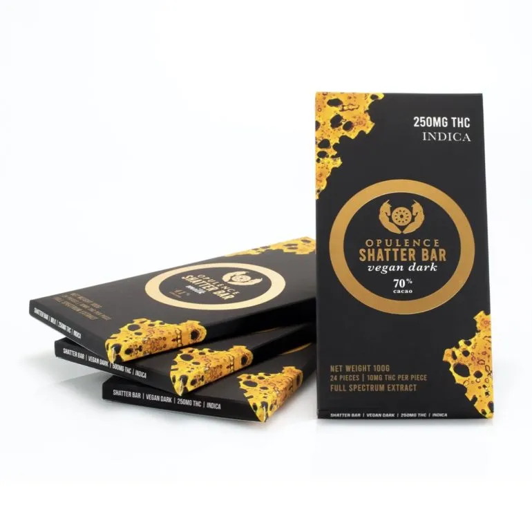 Opulence Vegan Dark Chocolate Bar with 250mg THC Indica and 70% Cacao