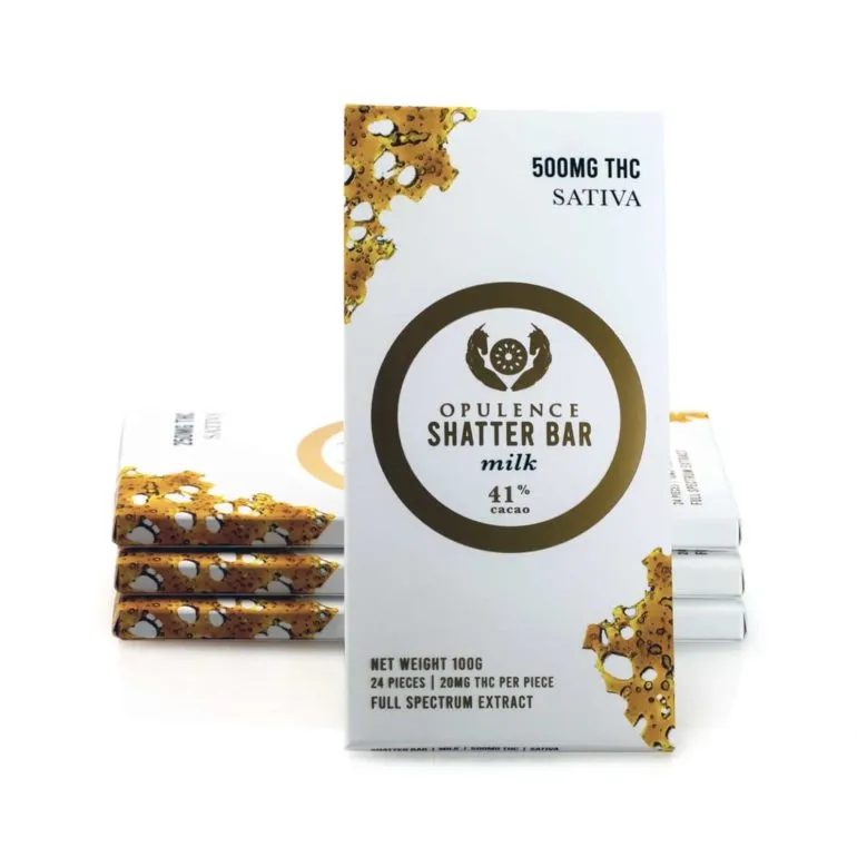Luxury Opulence Sativa Shatter Bar with 500mg THC-infused milk chocolate, 41% cacao.