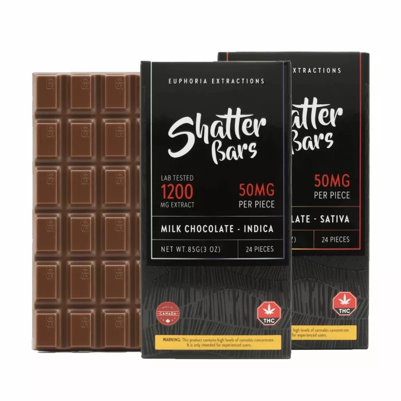 Shatter Bars: Indica and Sativa 1200mg THC-infused chocolate segments for dosing.