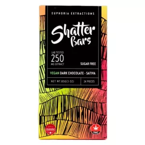 Euphoria Extractions Shatter Bars: vegan, sugar-free sativa dark chocolate, 250mg THC, made in Canada.