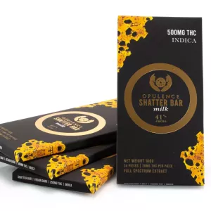 Opulence Shatter Bar THC chocolate packaging showcases luxurious design and cannabis content details.
