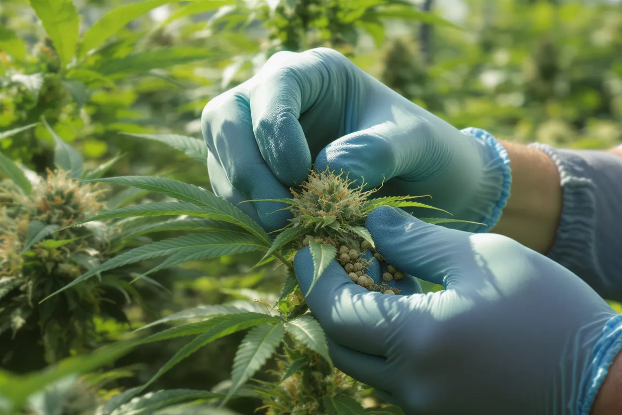 Gloved hands carefully harvesting cannabis buds with small seeds visible.
