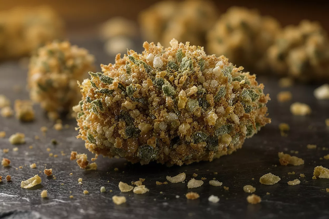Close-up of a golden-brown breaded nugget with green herbs on a dark surface.