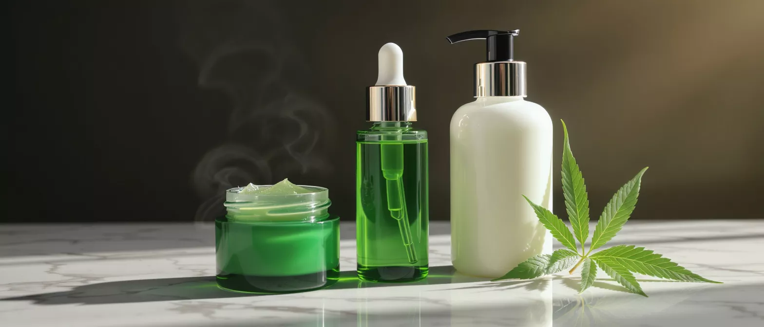 Cannabis-infused skincare products: green jar, dropper bottle, lotion, and leaf on marble.