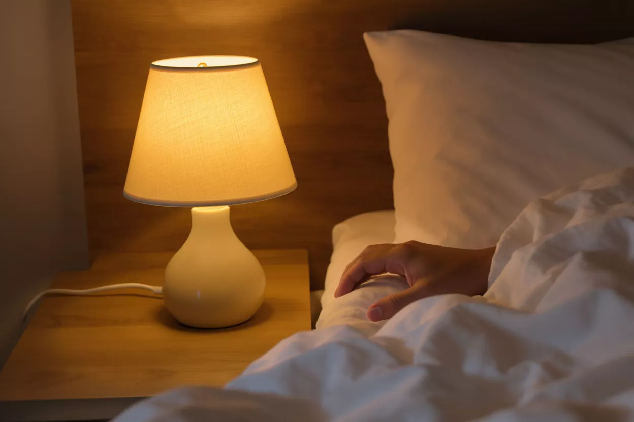A warm bedside lamp illuminates a hand resting on white bedding at night.