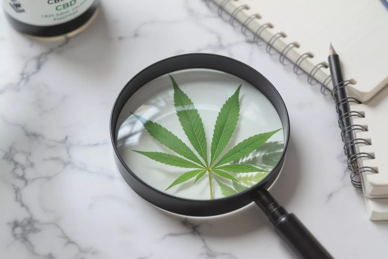 A cannabis leaf magnified under a magnifying glass on a marble surface.