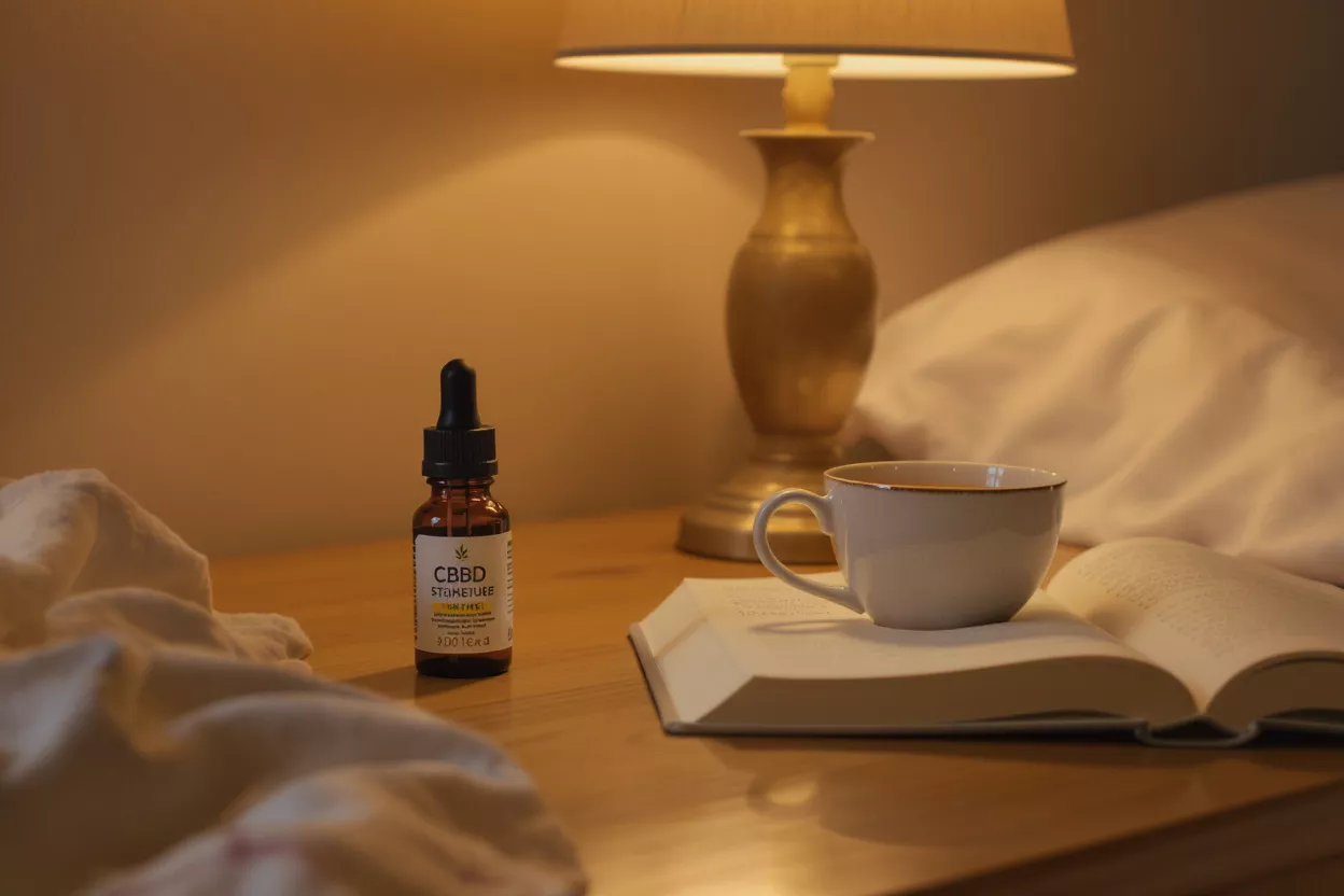 CBD oil bottle, coffee cup, and open book on a nightstand.