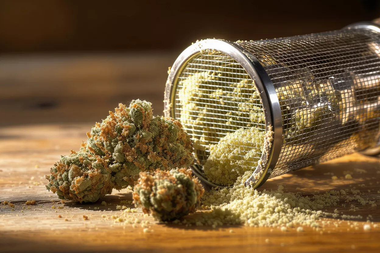 Close-up of cannabis buds, kief, and a metal grinder on a wooden surface.