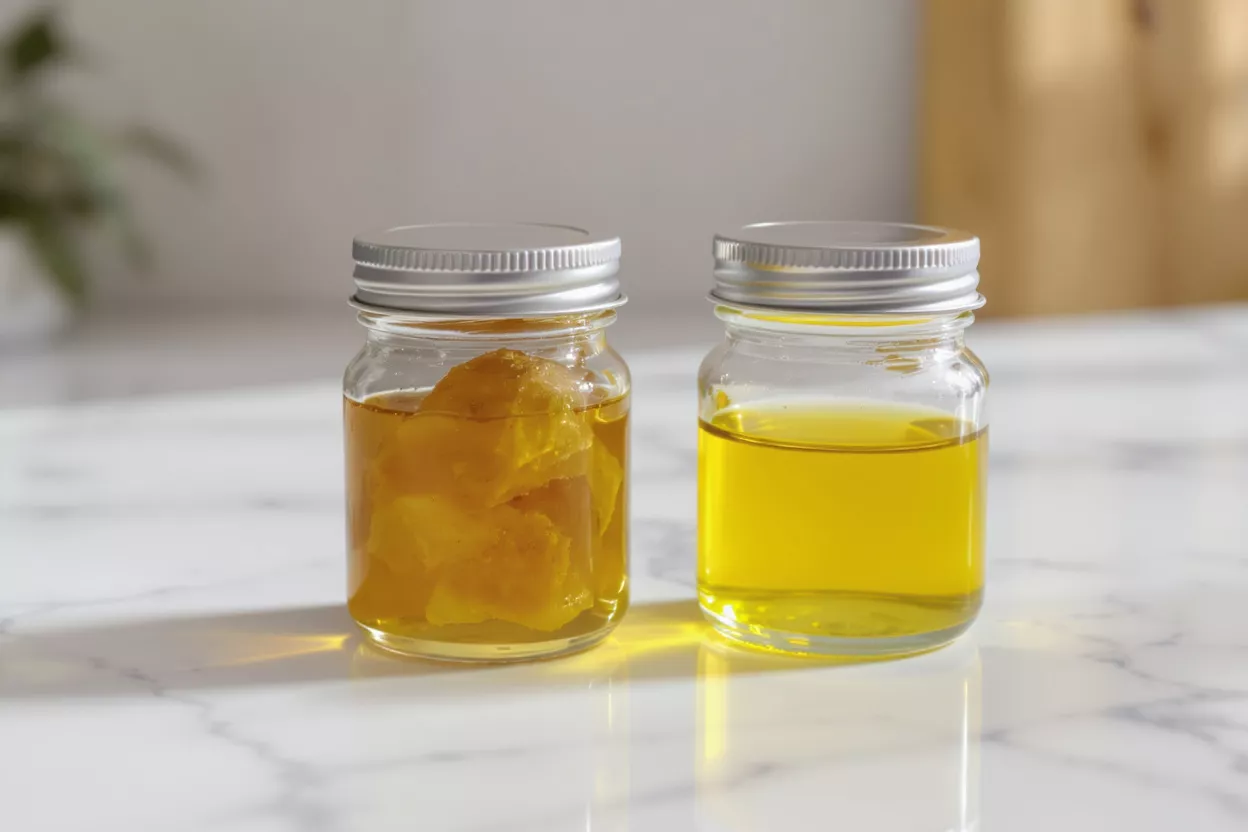 Two small glass jars, one with infused oil and the other with plain oil.