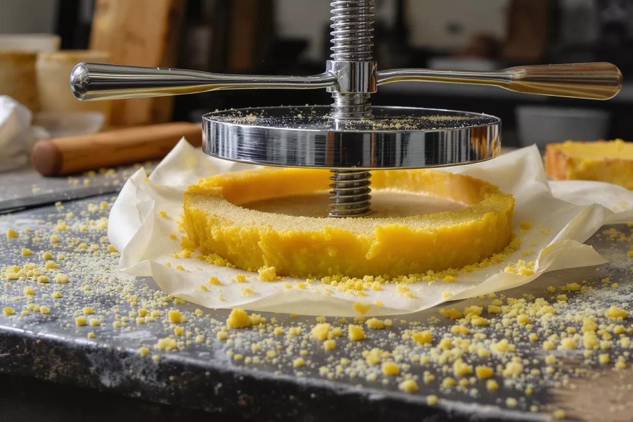 Close-up of a yellow cake being pressed by a metal screw press on parchment paper.