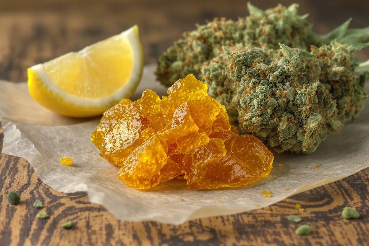 Bright orange cannabis concentrate, a lemon slice, and marijuana buds on parchment paper.