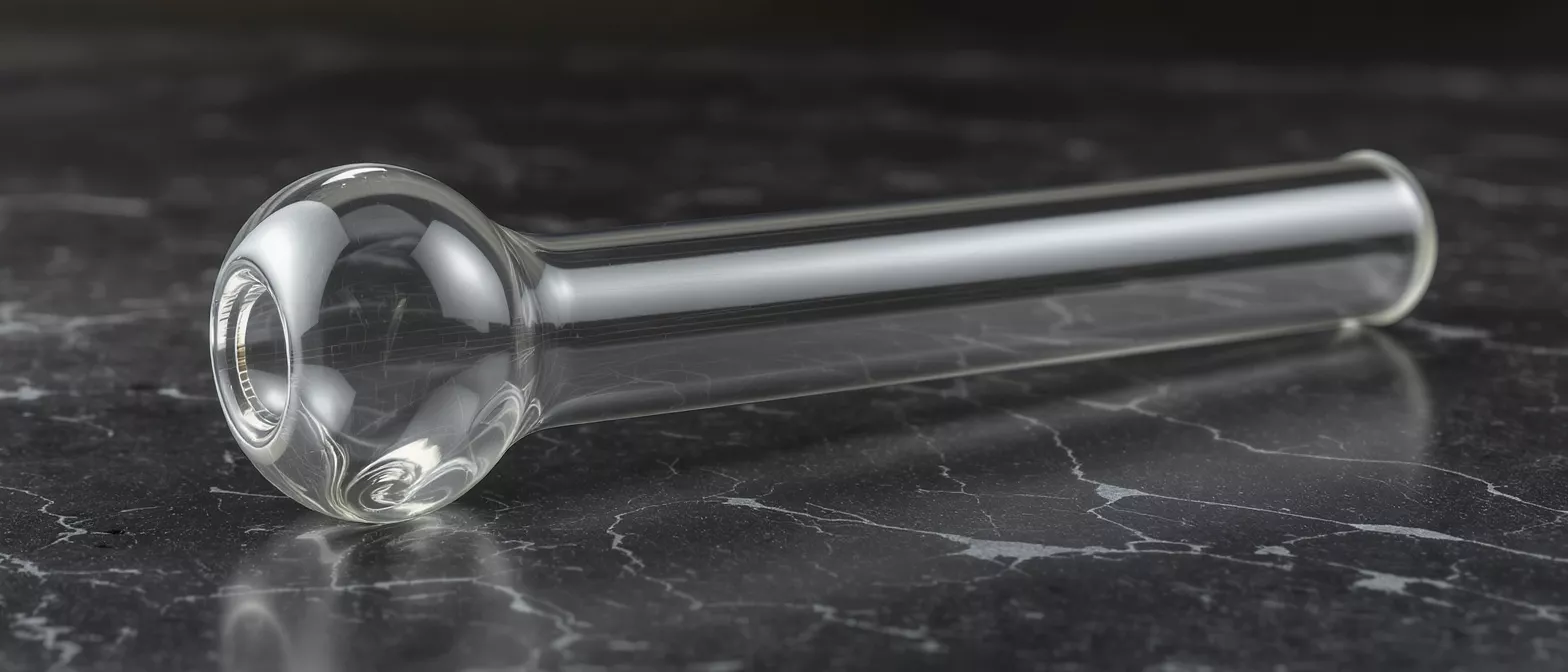 A transparent glass tube with a bulbous end rests on a dark marble surface.