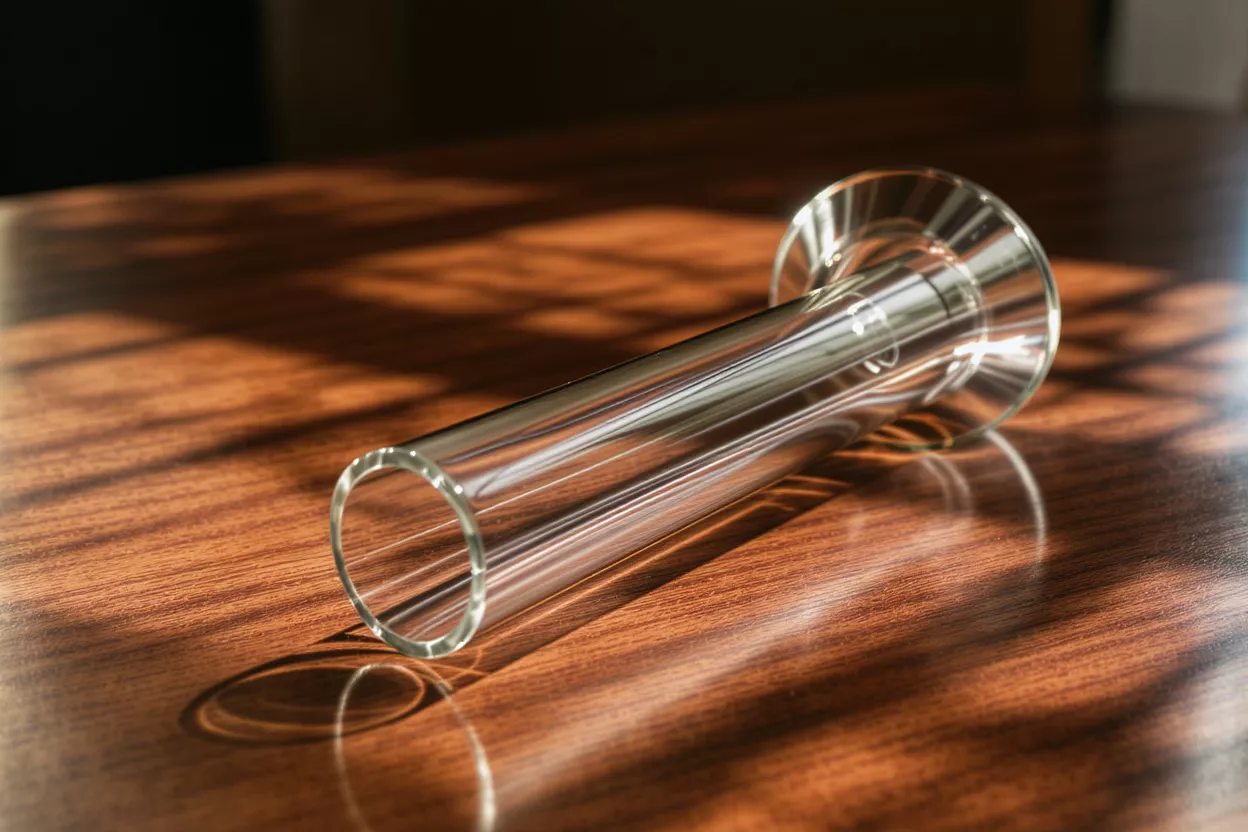 A clear glass single-stem vase lying on a wooden table in striped sunlight.
