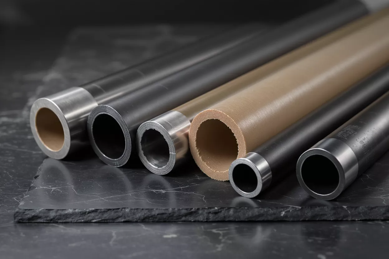 An assortment of various sized industrial tubes made of metal and composite materials.