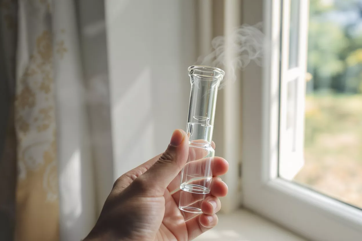 A person's hand holding a clear glass vaporizer stem with vapor rising from it.