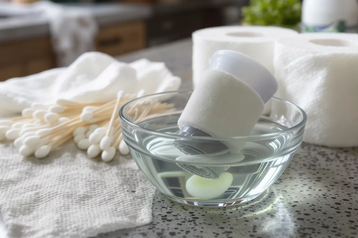 A white humidifier filter soaking in a glass bowl of water on a countertop.