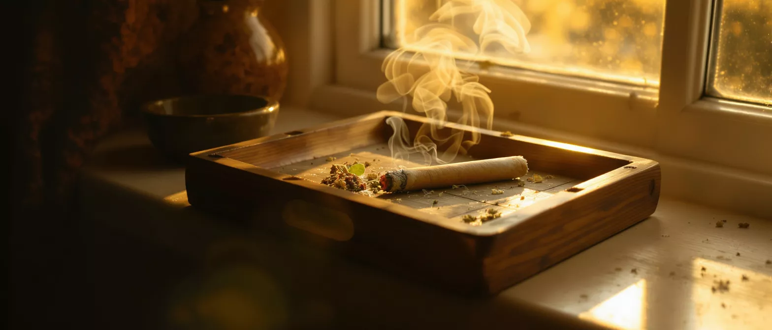 A lit candle with smoke near a window