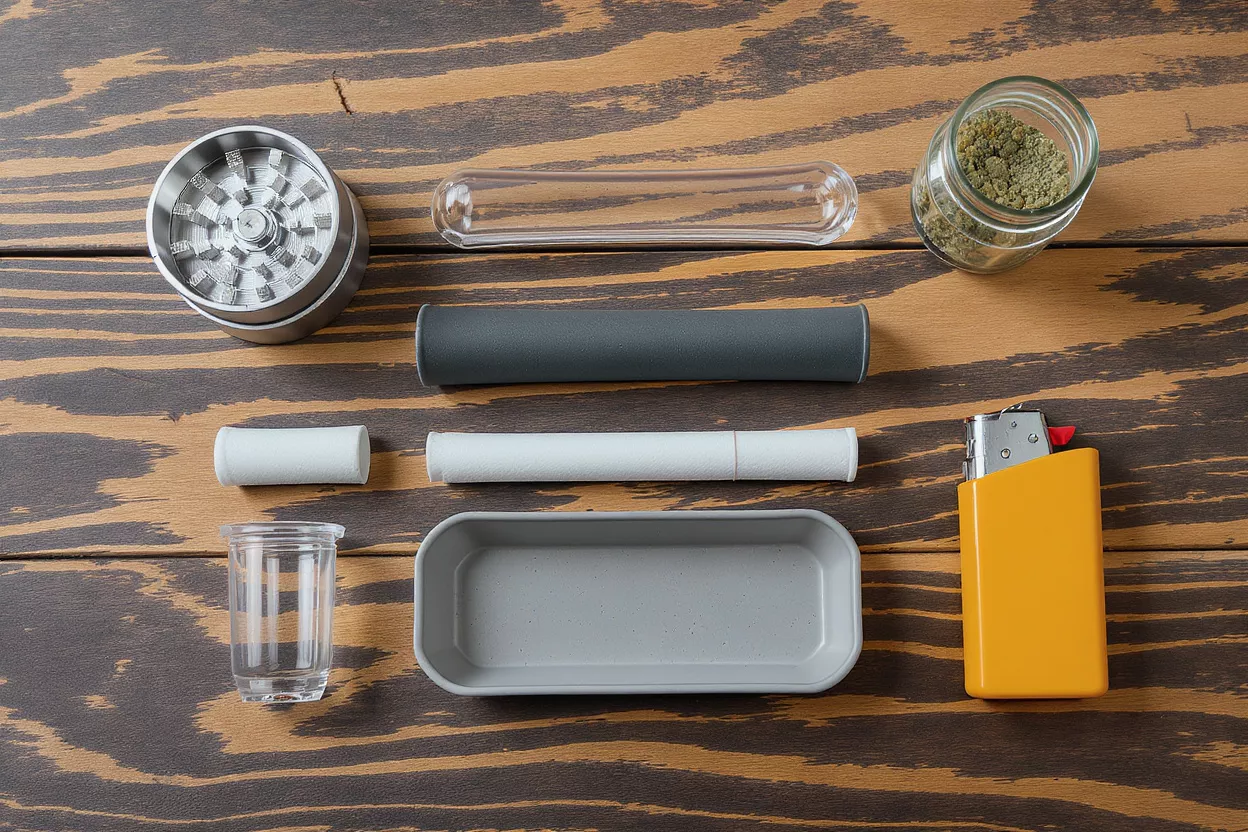 Various smoking tools arranged on a wooden surface