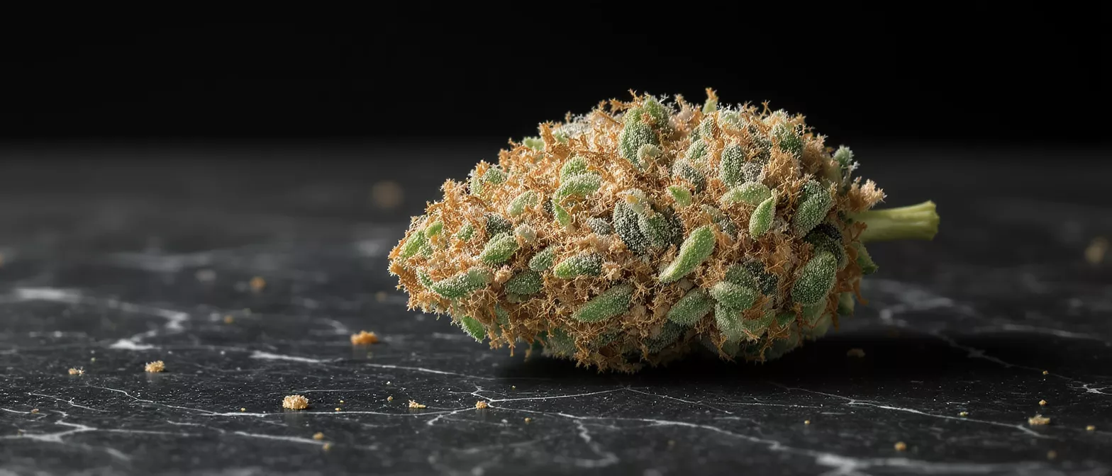 Gros plan d'un bourgeon de cannabis avec des feuilles vertes et des poils orange sur une surface en marbre foncé.