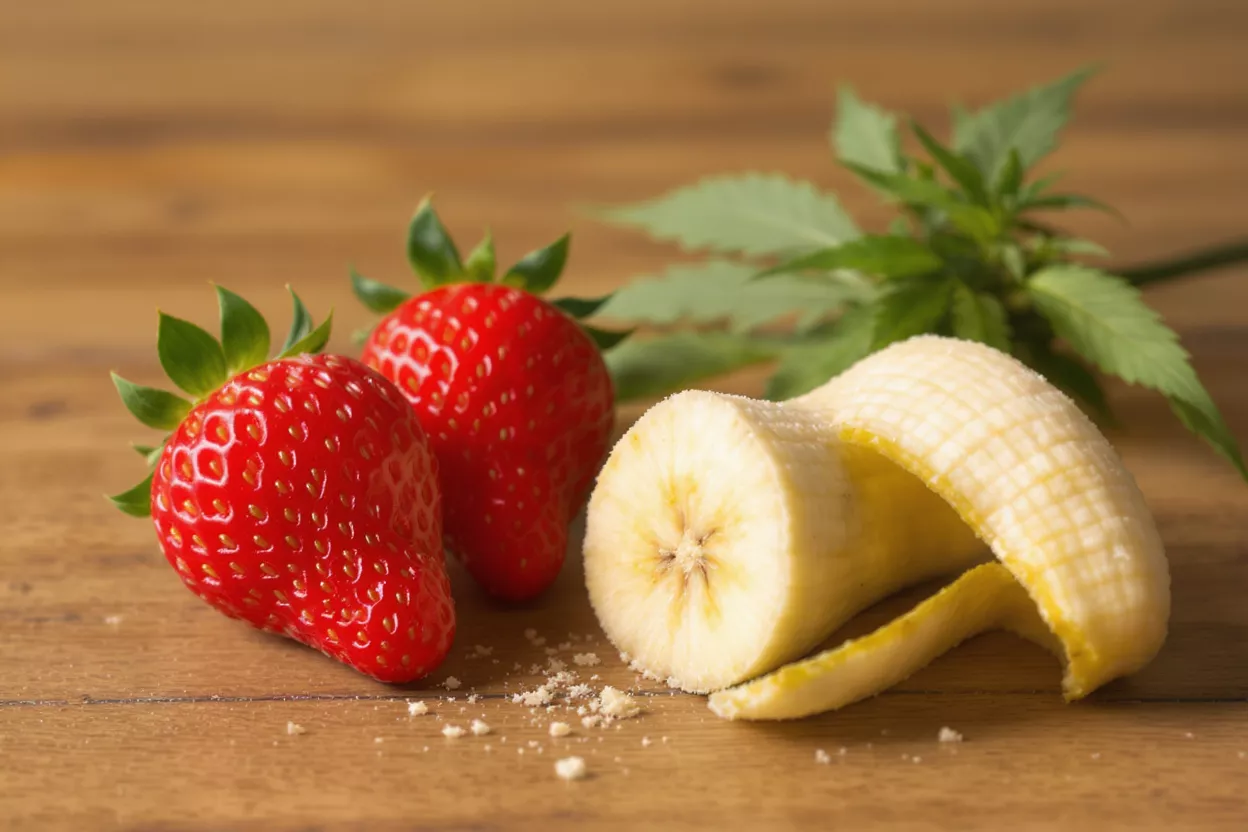 Two red strawberries, a peeled banana, and cannabis leaves on a wooden surface.
