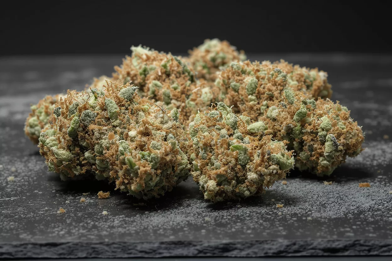 Close-up of several cannabis buds with orange hairs and trichomes on a dark slate.