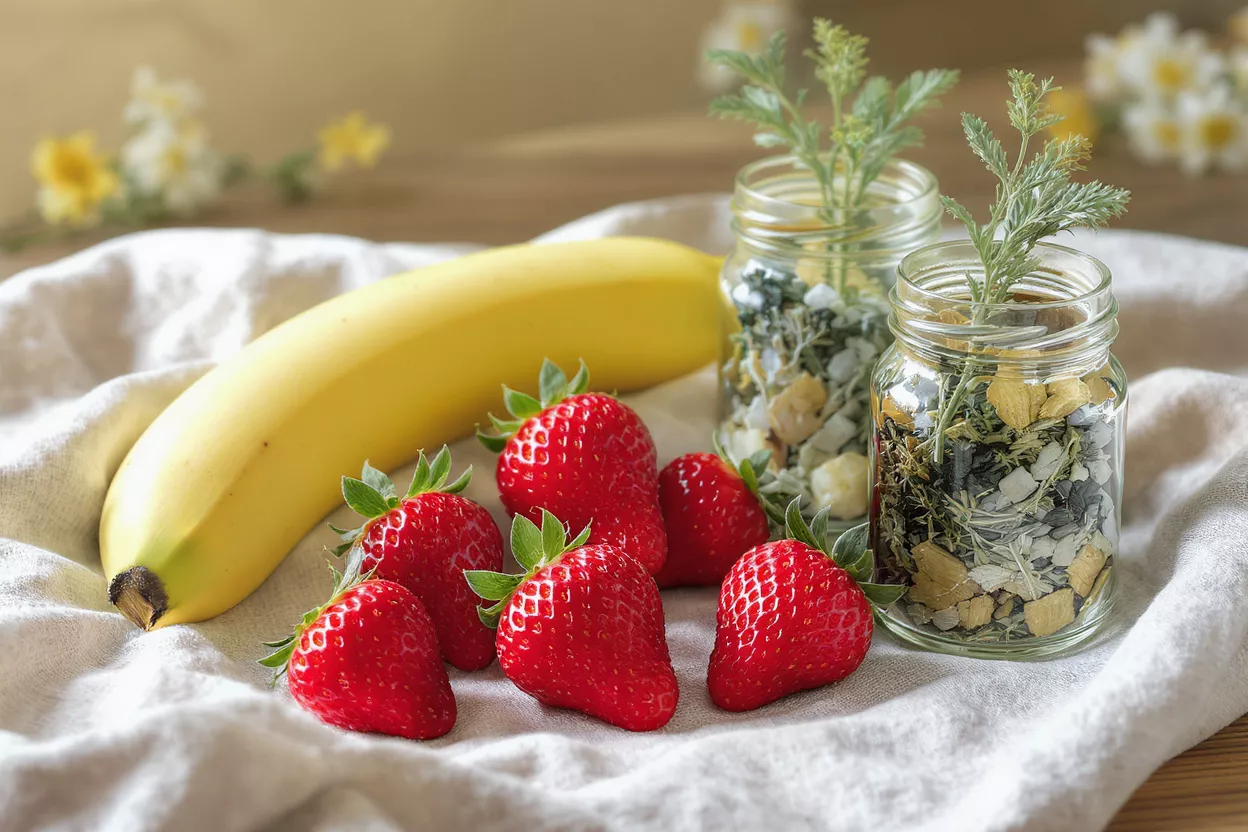 A banana, strawberries, and two jars of herbal mix on a white cloth.