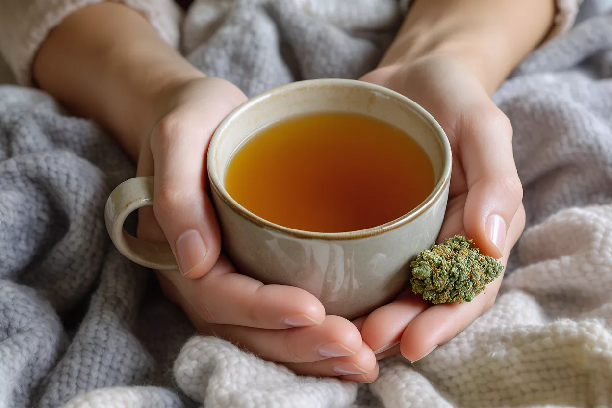 Hands holding a warm mug of tea and a cannabis bud on a cozy blanket.