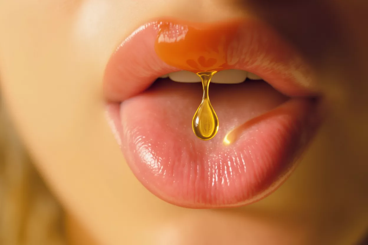 Close-up of luscious lips with a golden honey drip falling from the upper lip.