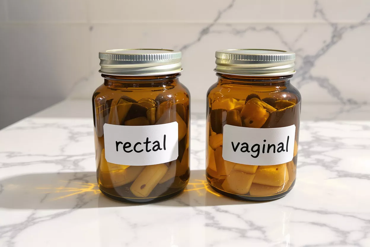 Two brown glass jars labeled rectal and vaginal containing suppositories on a marble counter.