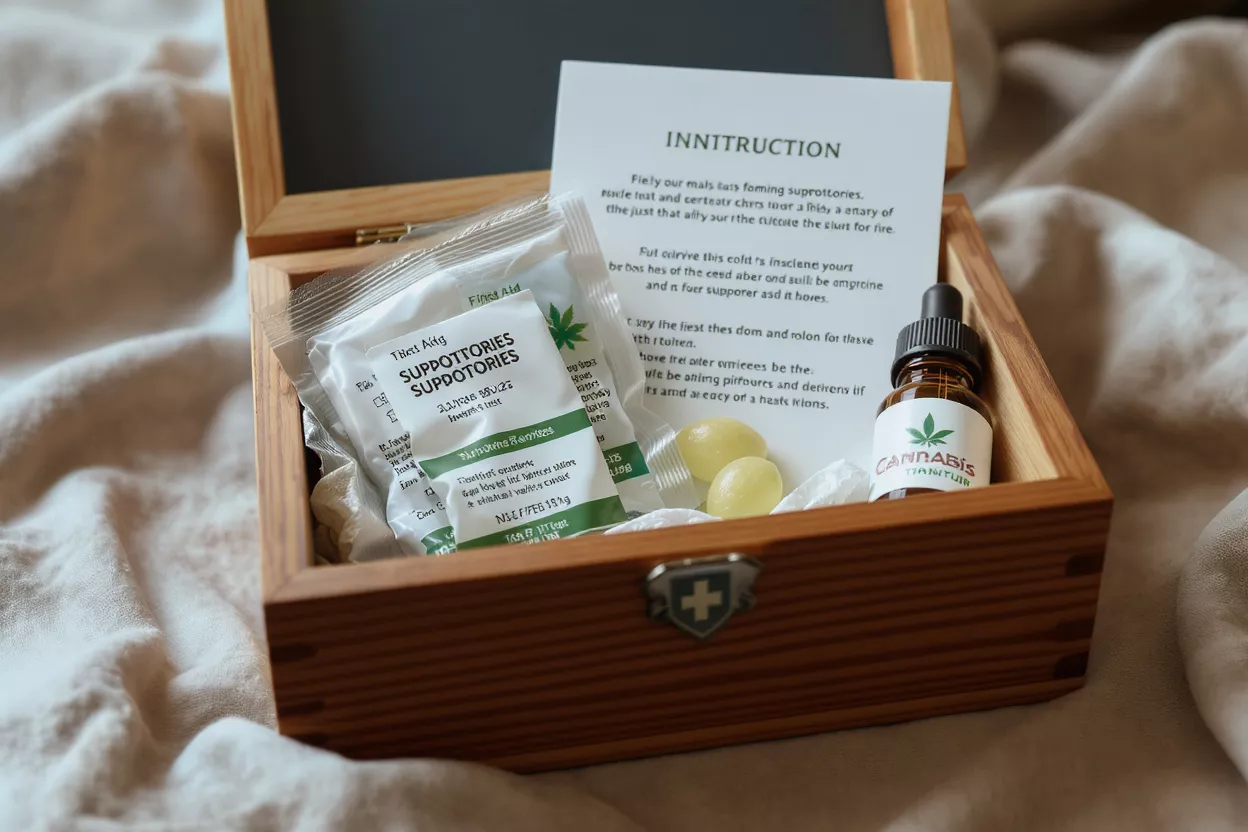 A wooden first-aid box containing cannabis tincture, suppositories, and an instruction card.