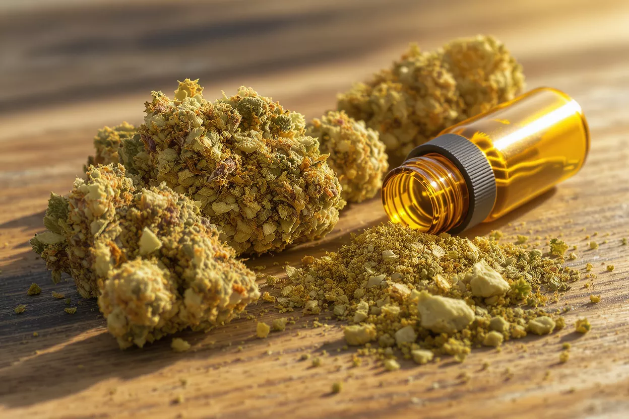 Close-up of cannabis buds, ground material, and an amber oil bottle on wood.