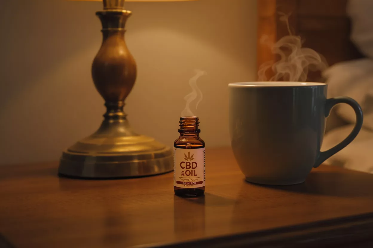 Flacon d'huile de CBD avec vapeur, tasse fumante et lampe sur une table de chevet.
