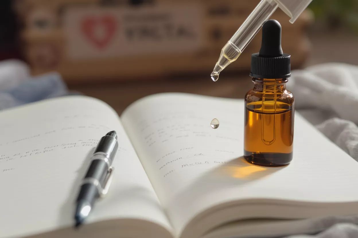 Flacon ambré, compte-gouttes avec liquide, et carnet avec stylo sur une table.