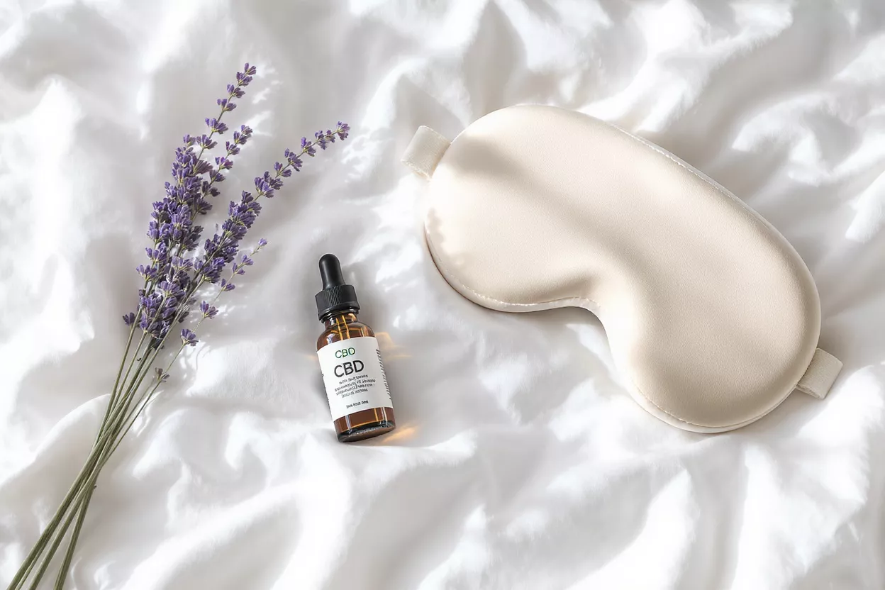 Flacon compte-gouttes d'huile de CBD, lavande et un masque de sommeil sur des draps blancs.
