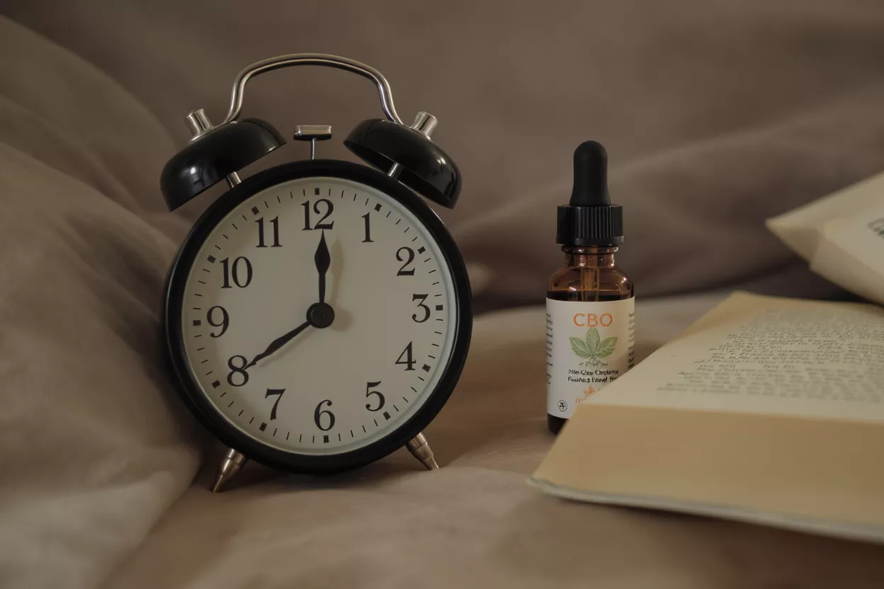 Réveil, huile de CBD et livre ouvert sur un lit pour une soirée relaxante.