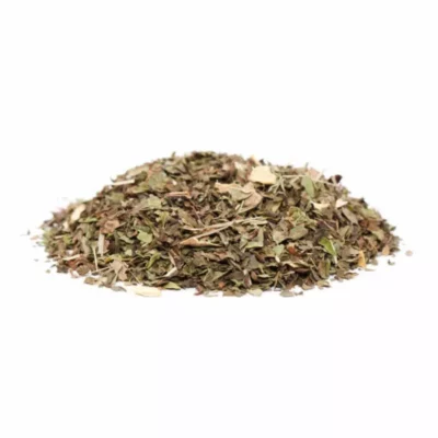 CBD-infused tea blend with dried herbs and lemongrass, in natural green and brown shades.