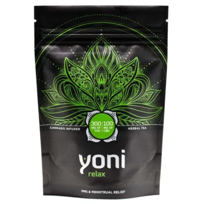 Cannabis-infused Yoni Relax Tea for PMS relief with 300mg THC and 100mg CBD.