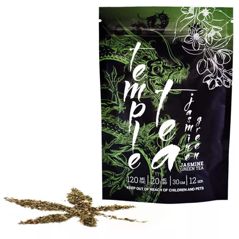 Mota Temple Tea - THC & CBD infused Jasmine Green Tea package with dragon design.