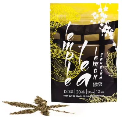 Temple Tea Lemon Sencha package with 120mg THC, 20mg CBD, and cannabis bud display.
