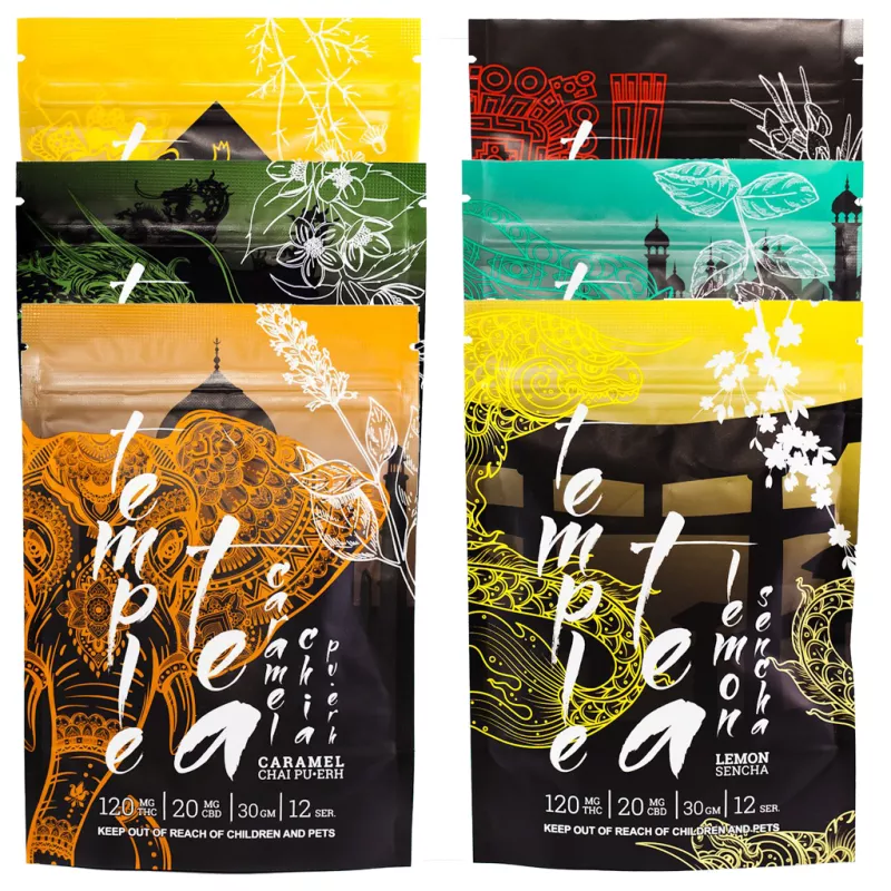 Temple THC Tea: Caramel Chai and Lemon Sencha packaging with safety warning.