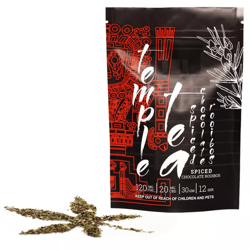 Temple Tea Spiced Chocolate Rooibos with THC and CBD on white background.